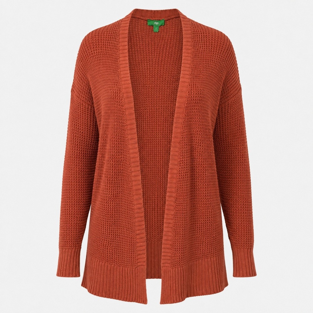 Dip Women's Long Open Front Waffle Knit Cardigan Rust Orange Cotton S